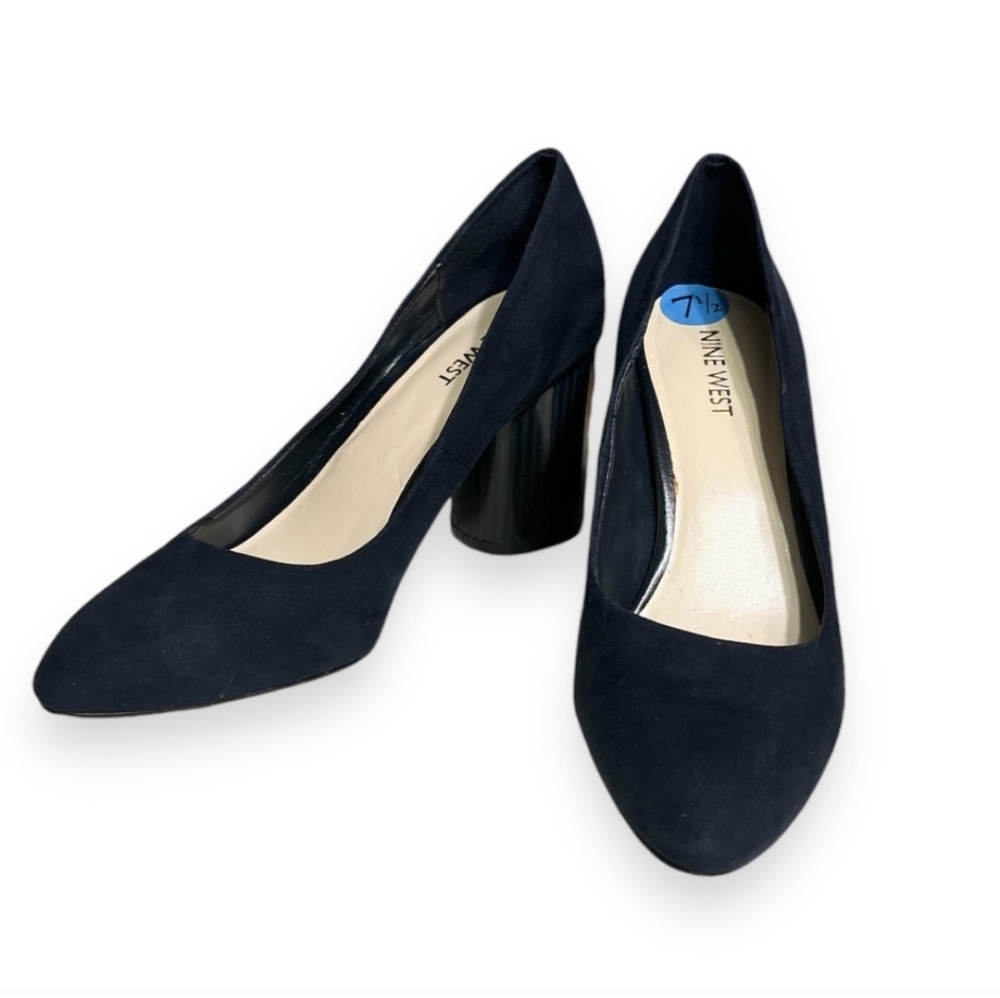 NINE WEST Navy Faux Suede Block Heels Camanda